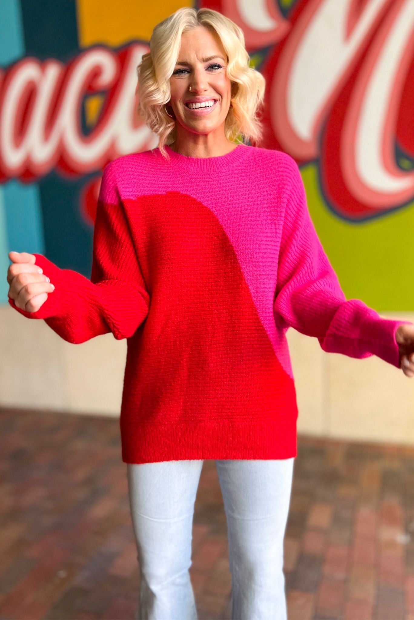Hot Pink Red Colorblock Wave Knit Sweater