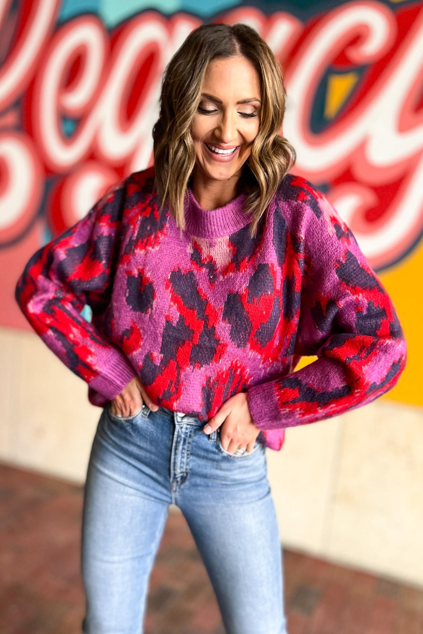 Load image into Gallery viewer, Purple Animal Print Ribbed Hem Sweater, fall fashion, fall must have, elevated look, mom style, layered look, chic, trendy, shop style your senses by mallory fitzsimmons

