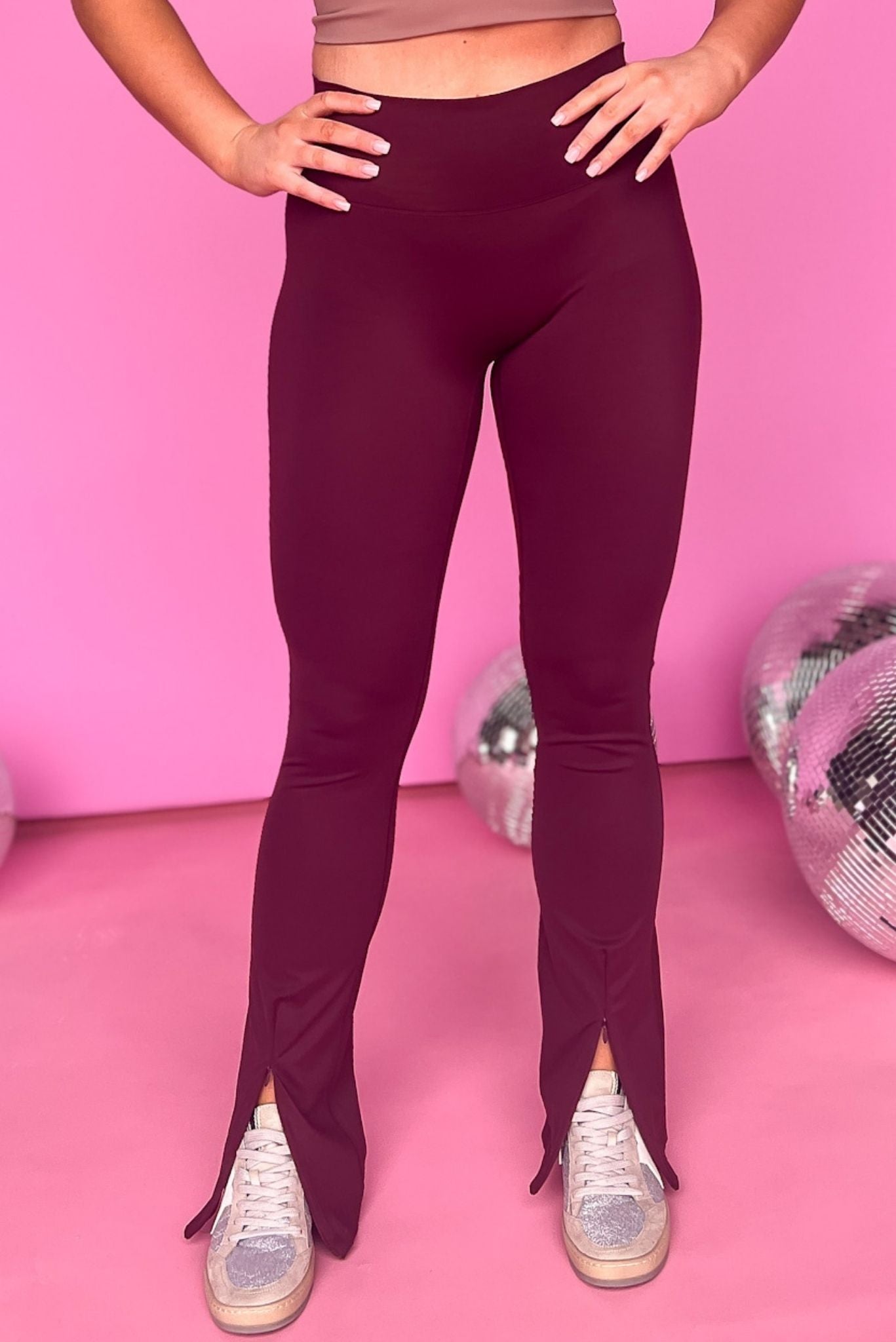 Load image into Gallery viewer, SSYS Burgundy Flare High Waist Leggings With Front Zipper, front zipper detail, high waist, seamless, easy fit, must have, everyday wear, shop style your senses by mallory fitzsimmons
