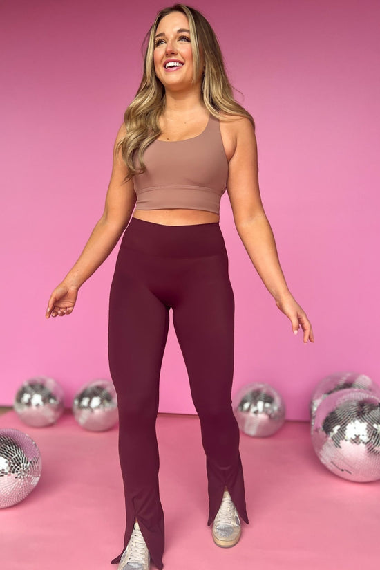 SSYS Burgundy Flare High Waist Leggings With Front Zipper, front zipper detail, high waist, seamless, easy fit, must have, everyday wear, shop style your senses by mallory fitzsimmons