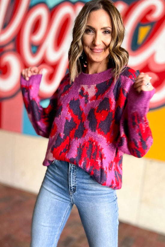 Load image into Gallery viewer, Purple Animal Print Ribbed Hem Sweater, fall fashion, fall must have, elevated look, mom style, layered look, chic, trendy, shop style your senses by mallory fitzsimmons
