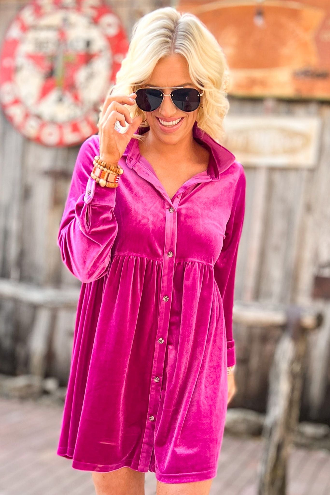 Load image into Gallery viewer, Magenta Velvet Button Up Long Sleeve Babydoll Dress, fall fashion, country concert, concert look, must ave, velvet, shop style your senses by mallory fitzsimmons
