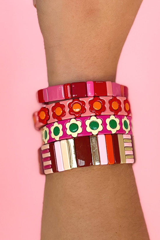 Load image into Gallery viewer, hot pink tan Flower Tile Bracelet, fall fashion, fall stack, must have, elevated look, elevated stack, mom style, shop style your senses by mallory fitzsimmons
