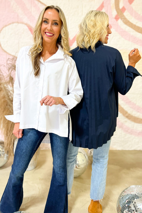 white Pleated Back Button Down Top SSYS The Label, fall fashion, custom piece, must have, pleat detail, mom style, shop style your senses by mallory fitzsimmons