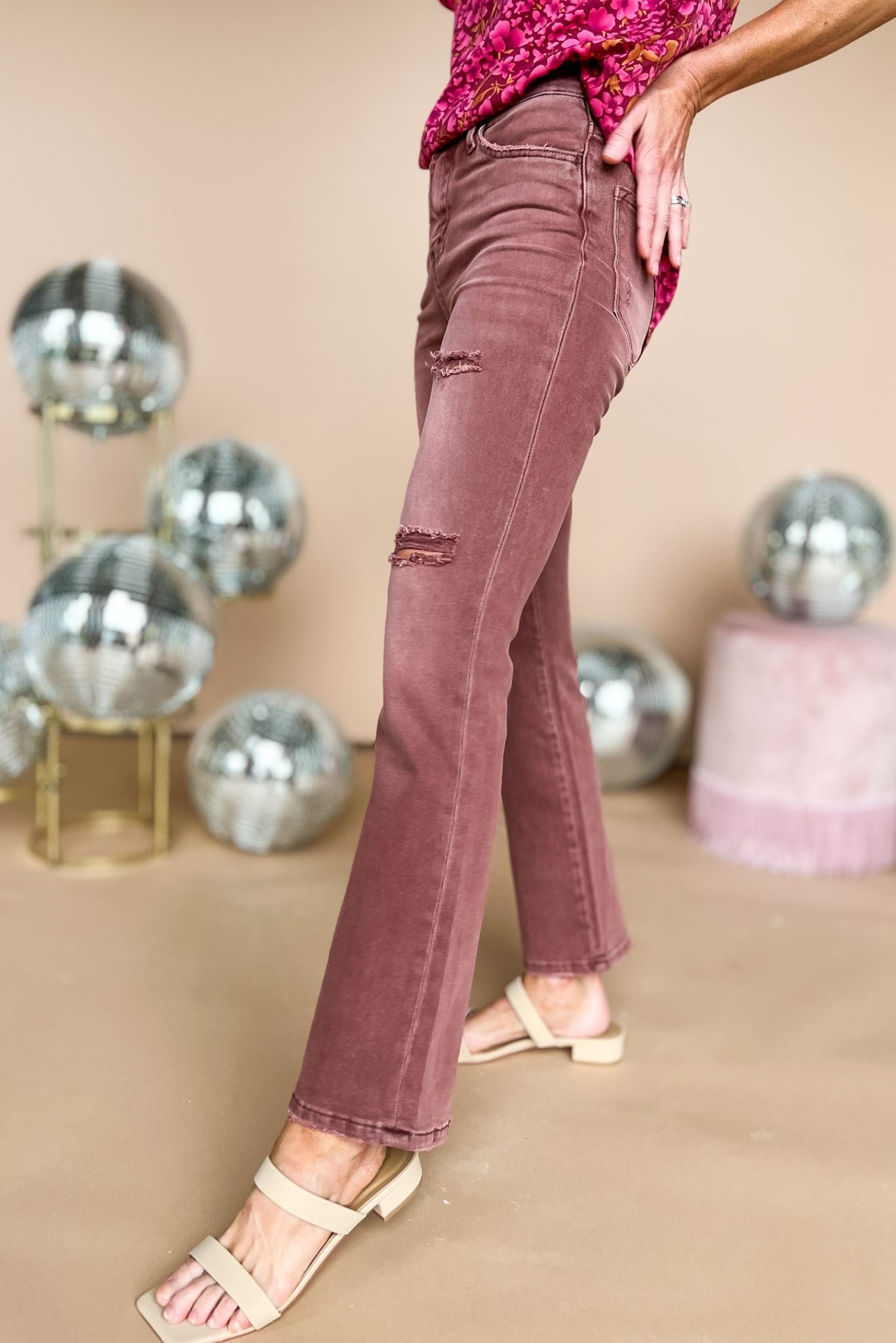 Vervet Burgundy Washed High Rise Ankle Bootcut Jeans, colored wash, flare, everyday wear, distressed hem, mom style, shop style your senses by mallory fitzsimmons