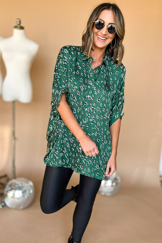 Green Animal Print Satin Drop Shoulder Oversized Tunic Top, oversized fit, flowy top, work wear, mom style, fall transition piece, shop style your senses by mallory fitzsimmons