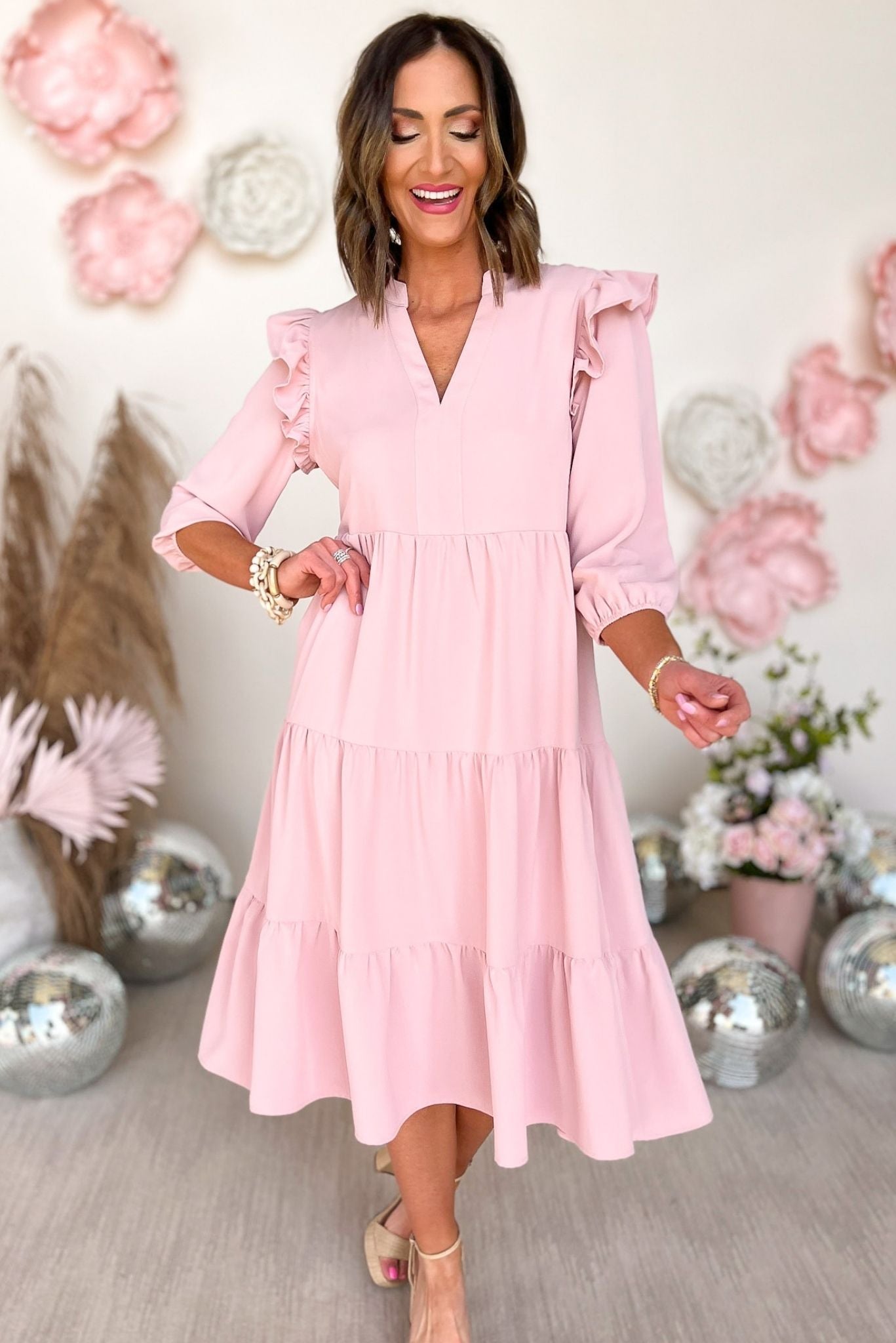 SSYS Blush Three Quarter Sleeve Ruffle Shoulder Tiered Midi Dress, shift dress, midi, spring must have, spring fashion, mom style, shop style your senses by mallory fitzsimmons