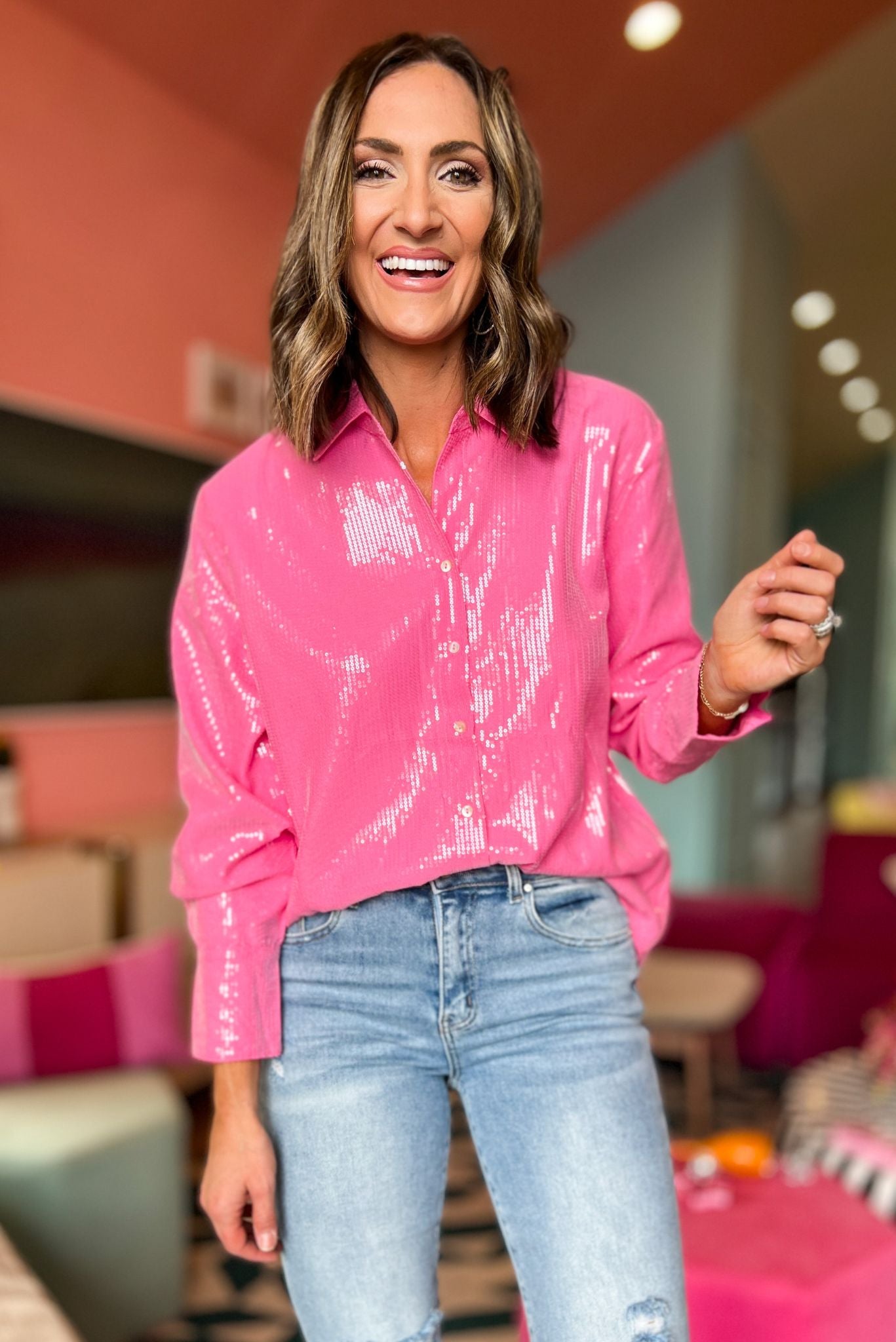 Load image into Gallery viewer, Pink Sequin Button Down Long Sleeve Top, glam, holiday look, chic, must have, mom style, elevated look, shop style your senses by mallory fitzsimmons
