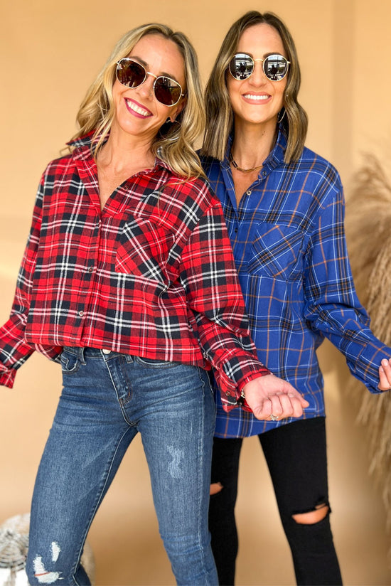 Load image into Gallery viewer, Royal Blue Plaid Oversized Flannel, everyday wear, fall flannel, fall must have, mom style, layered look, shop style your senses by mallory fitzsimmons

