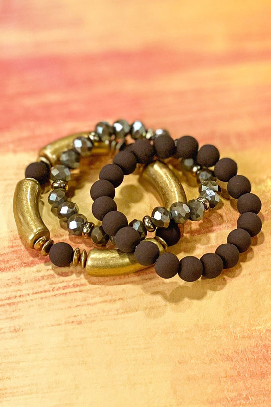 Dark Brown Matte Shiny Tube Beaded Bracelet Stack, fall bracelet stack, mix and match, mom style, fall accessory, shop style your senses by mallory fitzsimmons