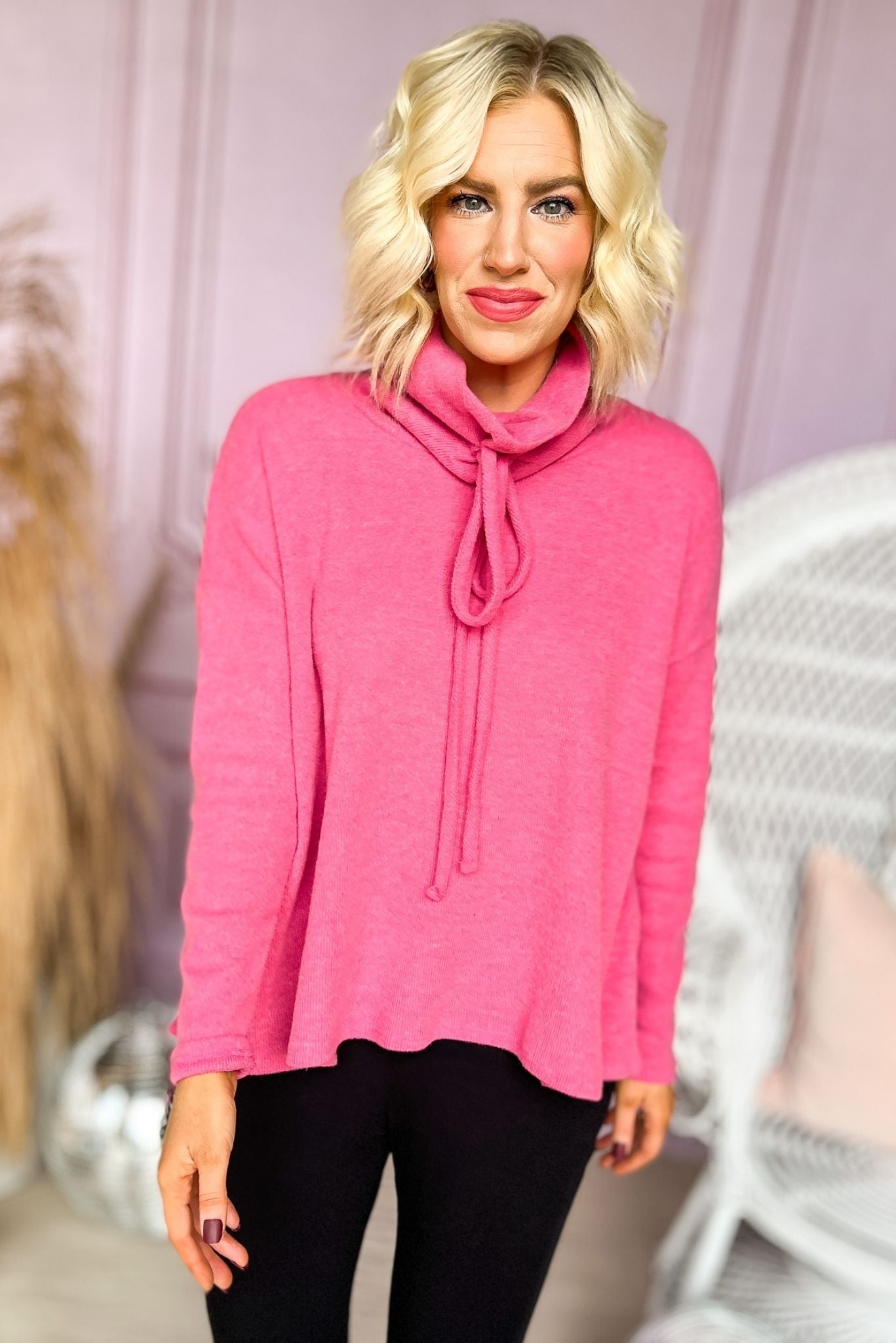 Hot Pink Brushed Drawstring Cowl Neck Knit Top, cozy collection, must have, set, fall fashion, everyday wear, mom style, shop style your senses by mallory fitzsimmons
