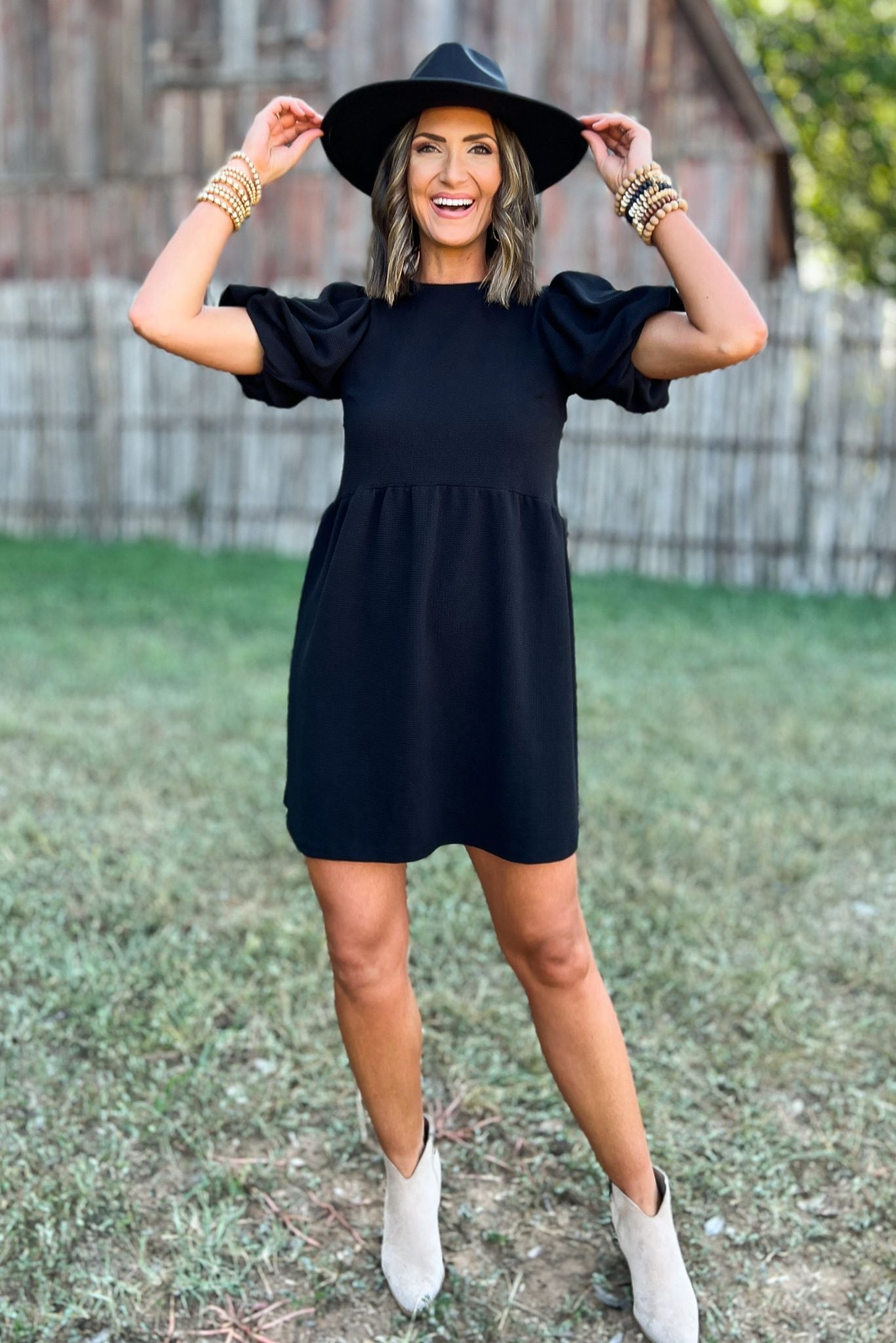 Black Puff Short Sleeve Back Ribbon Bow Tie Dress, fall fashion, must have, family photos, mom style, bow detail, shop style your senses by mallory fitzsimmons