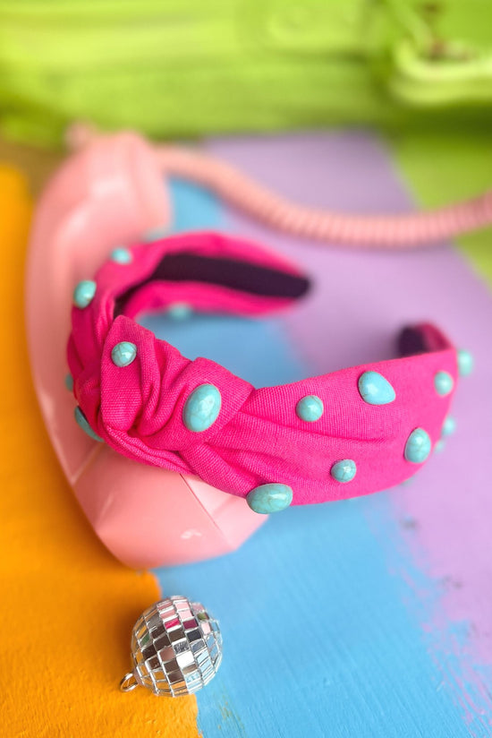 Load image into Gallery viewer, Hot Pink and Turquoise Stone Knot Headband
