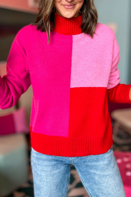 Hot Pink Red Colorblock Mock Neck Oversized Sweater, sweater weather, mom style, shop style your senses by mallory fitzsimmons