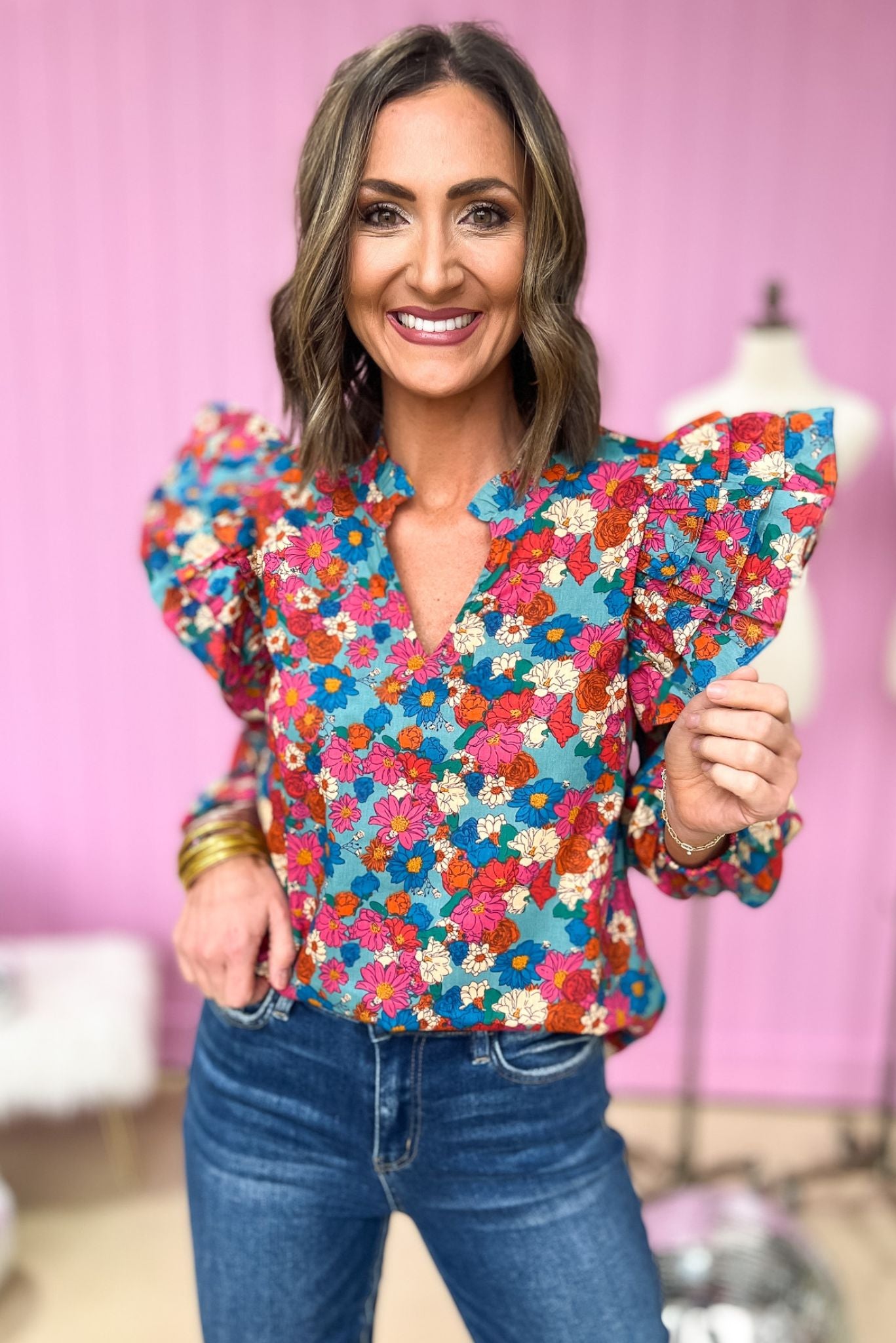 Sage Floral Ruffle Shoulder Frill Neck Long Sleeve Top glam, must have, mom style, chic, shop style your senses by mallory fitzsimmons