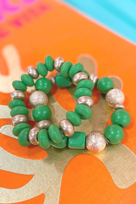 Load image into Gallery viewer, Green Gold Cube Bead Bracelet Stack

