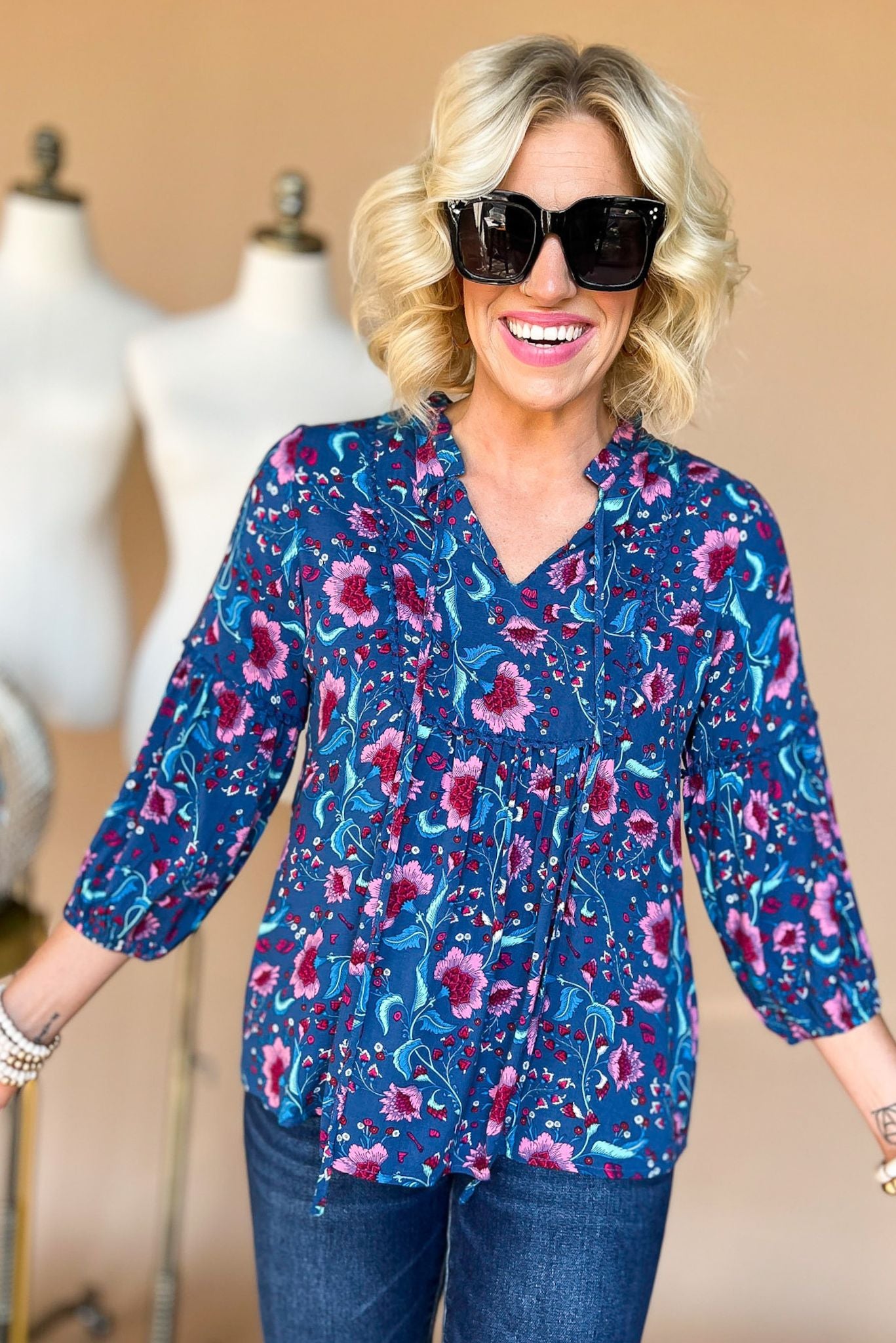Load image into Gallery viewer, Teal Pink Floral V Neck Tie Babydoll Top, floral fall top, fall must have, mom style, casual top, shop style your senses by mallory fitzsimmons
