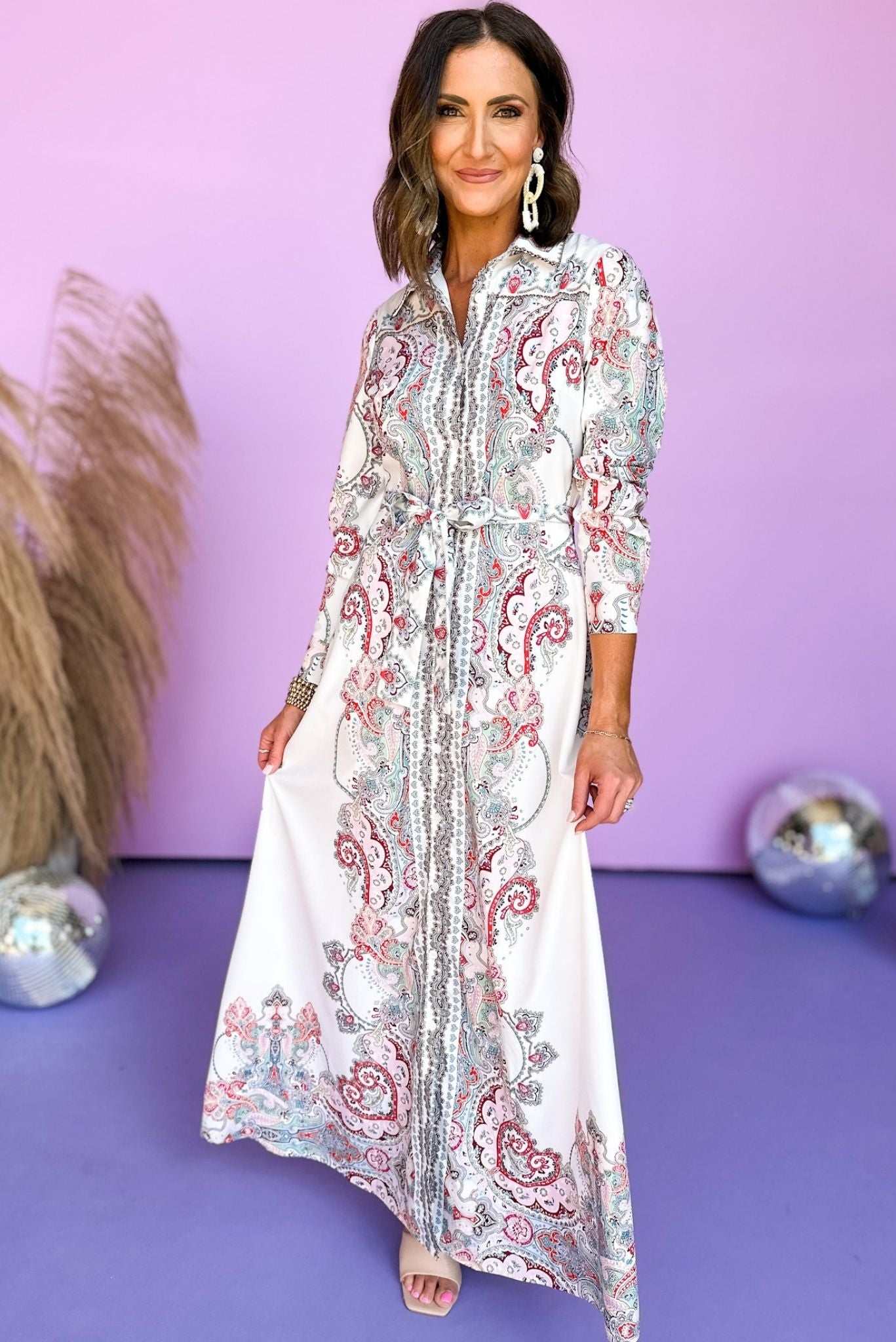 White Floral Collared Button Down Maxi Dress