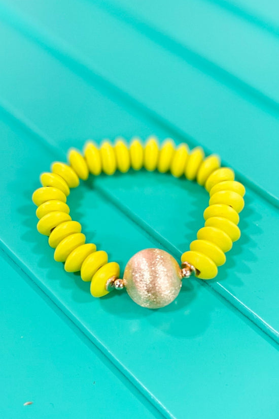 Yellow Wood Disc Gold Bead Bracelet, spring accessory, must have, elevated look, mom style, chic, shop style your senses by mallory fitzsimmons