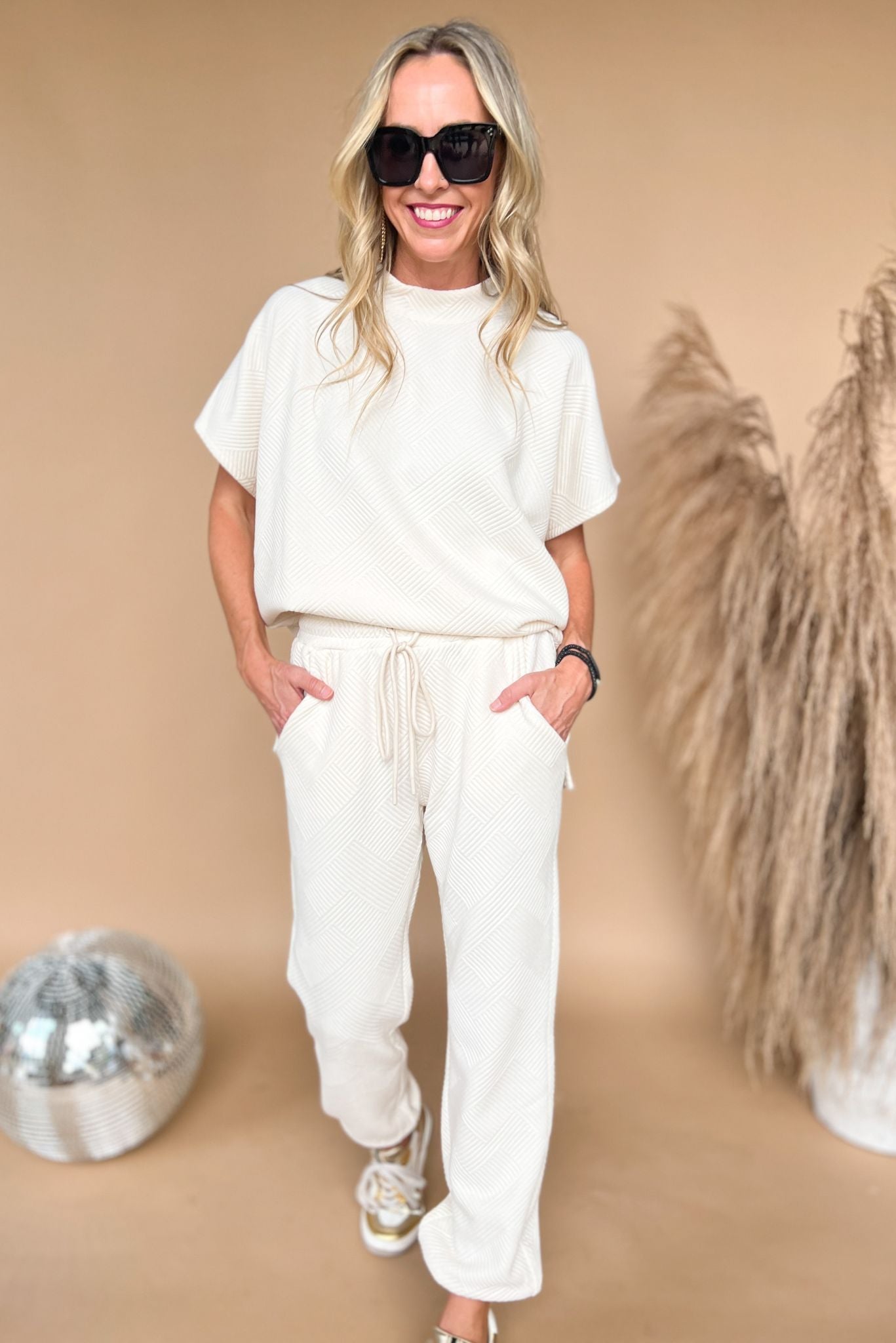 Load image into Gallery viewer, Cream Textured Drop Shoulder Joggers Pants Set, lounge set, everyday wear, mom style, chic, trendy set, shop style your senses by mallory ftizsimmons
