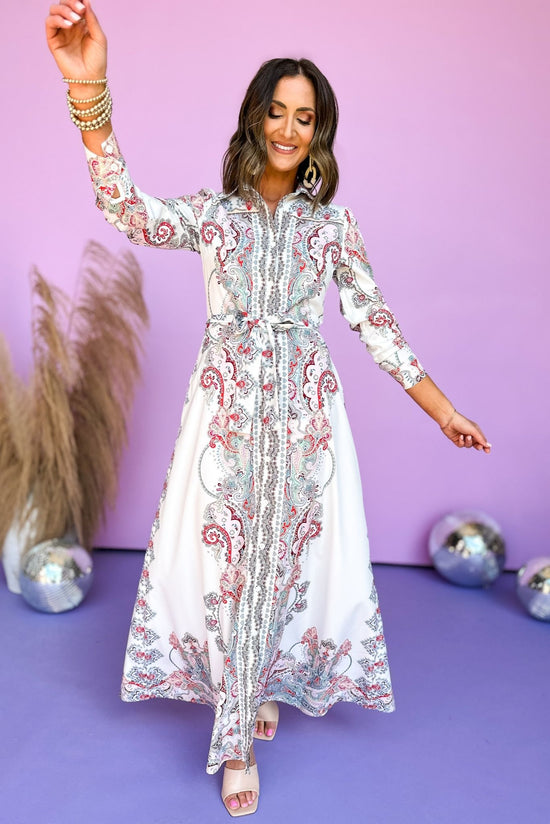 White Floral Collared Button Down Maxi Dress