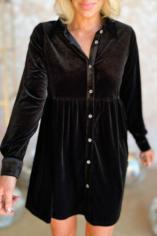 Load image into Gallery viewer,  Black Velvet Button Up Long Sleeve Babydoll Dress, fall fashion, pre party, holiday look, party look, date night, mom style, must have, shop style your senses by mallory fitzsimmons
