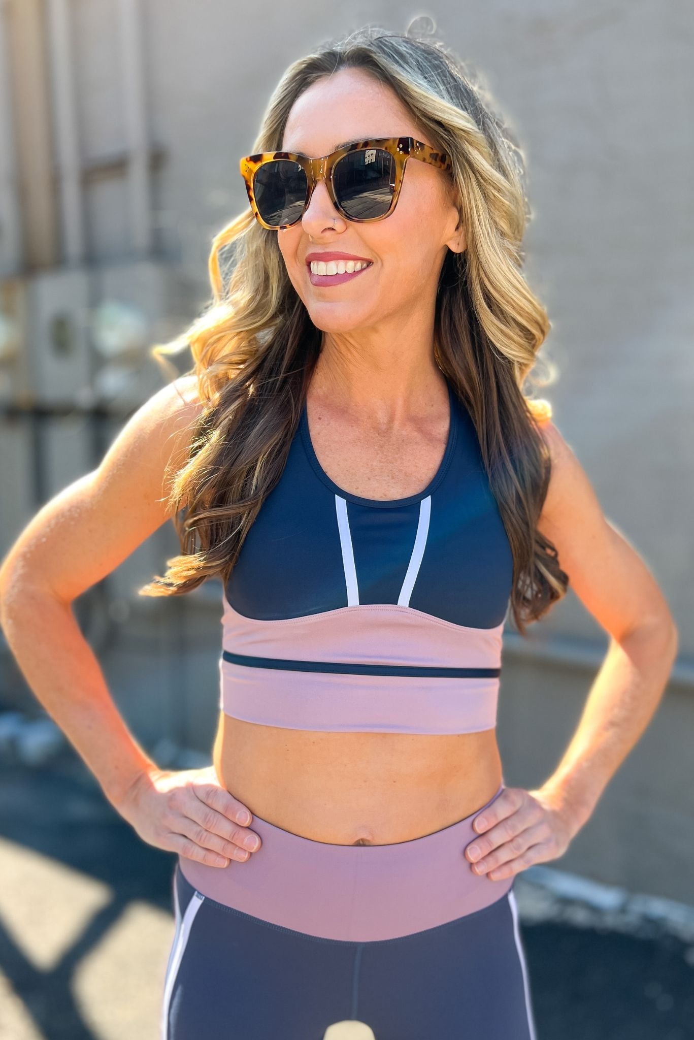 Navy Sports Bra With Mauve Contrast and White Racing Stripes SSYS The Label, athleisure, everyday wear, mom style, layered look, must have, shop style your senses by mallory fitzsimmons