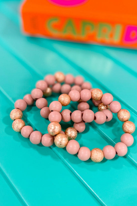 Load image into Gallery viewer, Tan Wood Gold Bead Bracelet Stack, spring accessory, everyday wear, must have, elevated look, mom style, shop style your senses by mallory fitzsimmons
