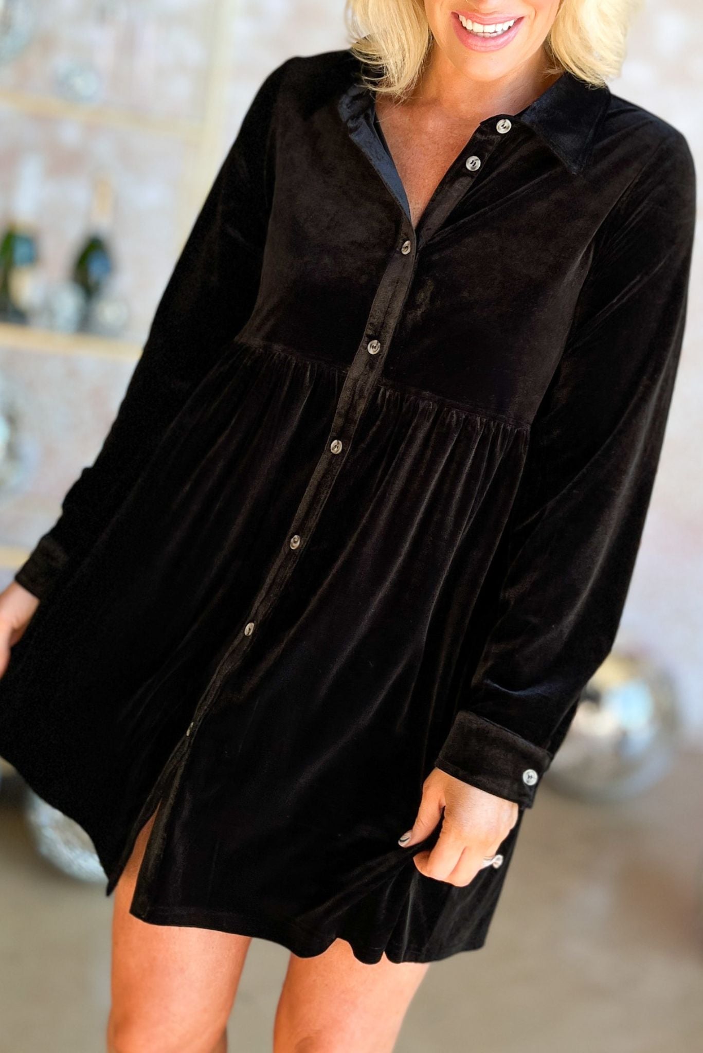 Load image into Gallery viewer,  Black Velvet Button Up Long Sleeve Babydoll Dress, fall fashion, pre party, holiday look, party look, date night, mom style, must have, shop style your senses by mallory fitzsimmons
