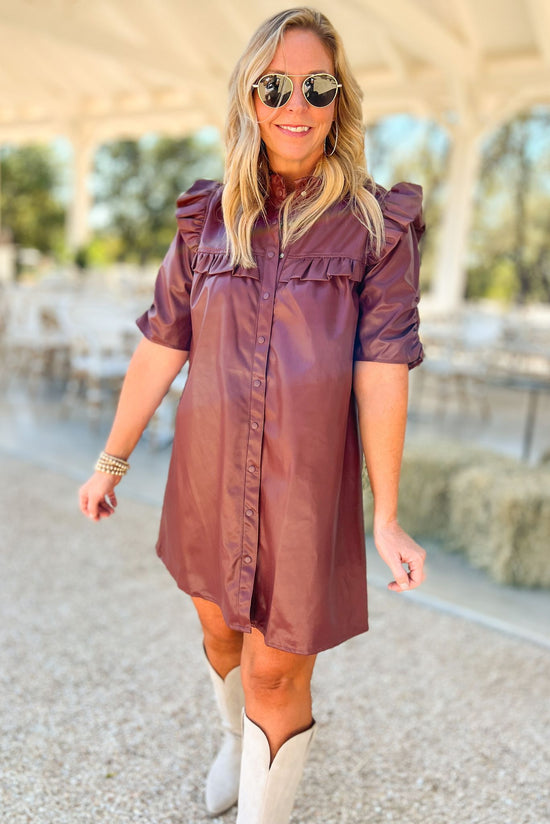 Brown Faux Leather Ruffle Hem Button Up Dress