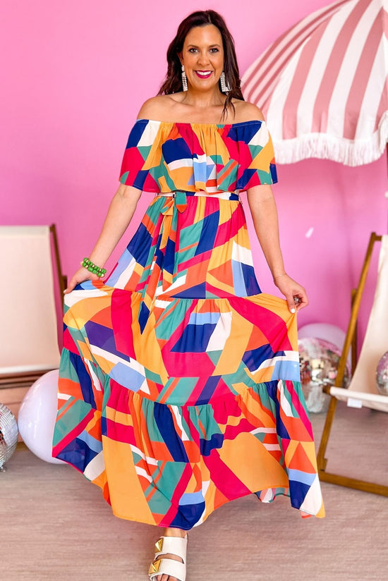 Load image into Gallery viewer, Orange Blue Off The Shoulder Waist Tie Maxi Dress, cap sleeve, ruffle detail, resort wear, spring break, mom style, shop style your senses by mallory fitzsimmons
