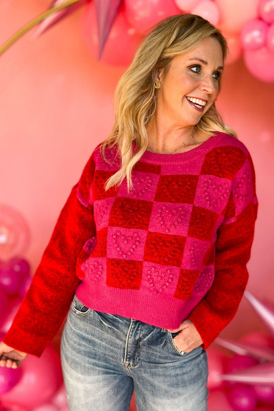 Load image into Gallery viewer, Hot Pink Red Checkered Heart Detail Sweater, valentine&amp;#39;s day, all pink, mom style, trendy, must have, shop style your senses by mallory fitzsimmons
