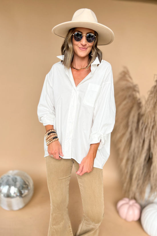 White Collared Button Down Long Sleeve Top, fall transition piece, must have, staple piece, multi wear, work to weekend, shop style your senses by mallory fitzsimmons