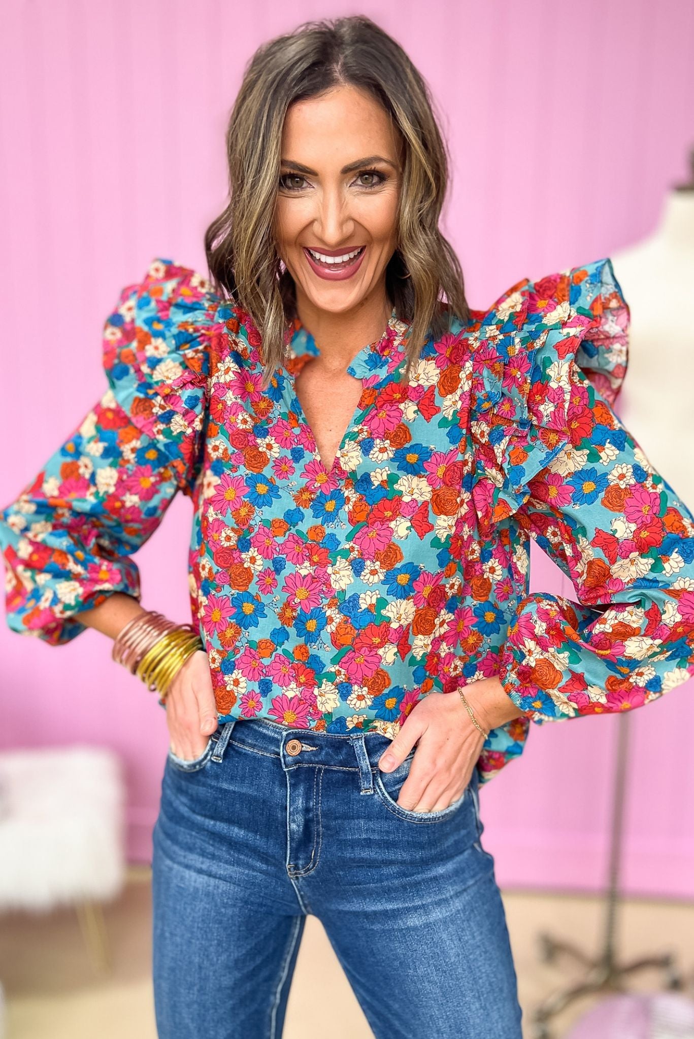 Load image into Gallery viewer, Sage Floral Ruffle Shoulder Frill Neck Long Sleeve Top everyday glam, must have, mom style, chic, shop style your senses by mallory fitzsimmons
