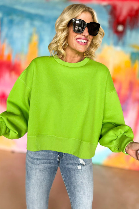 Load image into Gallery viewer, green Balloon Sleeve Sweatshirt, pink soft material, everyday wear, everyday sweatshirt, mom style, lounge to lunch, shop style your senses by mallory fitzsimmons
