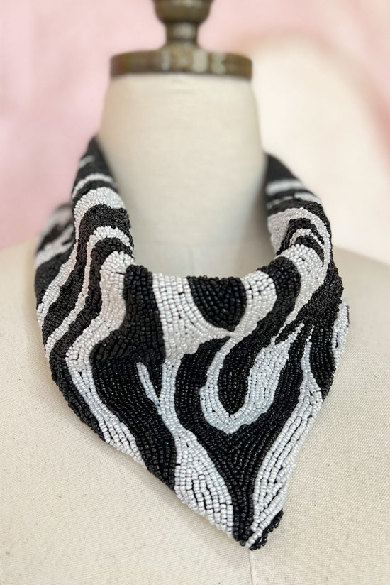 Load image into Gallery viewer, Black White Animal Stripe Seed Bead Collar Necklace, fall fashion, fall must have, elevated look, trendy, mom style, shop style your senses by mallory fitzsimmons
