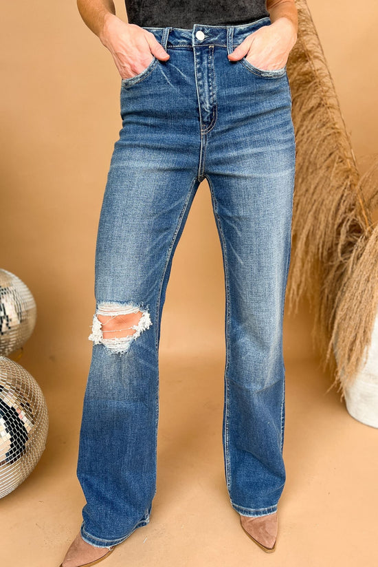 Mica Dark Wash High Rise Distressed Straight Flare Jeans, medium wash jeans, flare jeans, high rise jeans, stretchy jeans, Shop Style Your Senses By Mallory Fitzsimmons