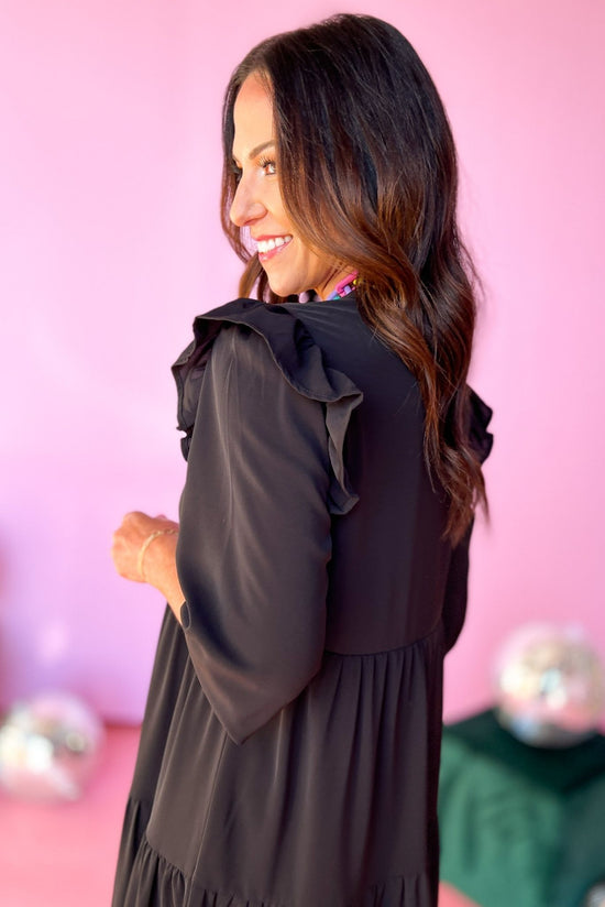 SSYS Black Three Quarter Sleeve Ruffle Shoulder Tiered Midi Dress, pops and prints, must have, floral, midi dress, mom style, shop style your senses by mallory fitzsimmons