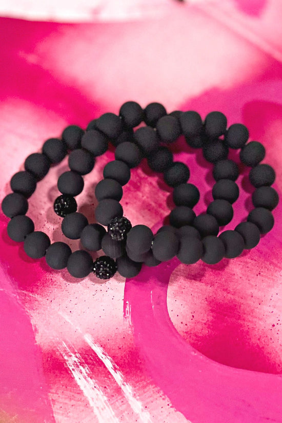 Load image into Gallery viewer, Black Matte Clay Ball Beaded Bracelet Stack, black bracelet stack, elevated stack, everyday wear, mom style, shop style your senses by mallory fitzsimmons
