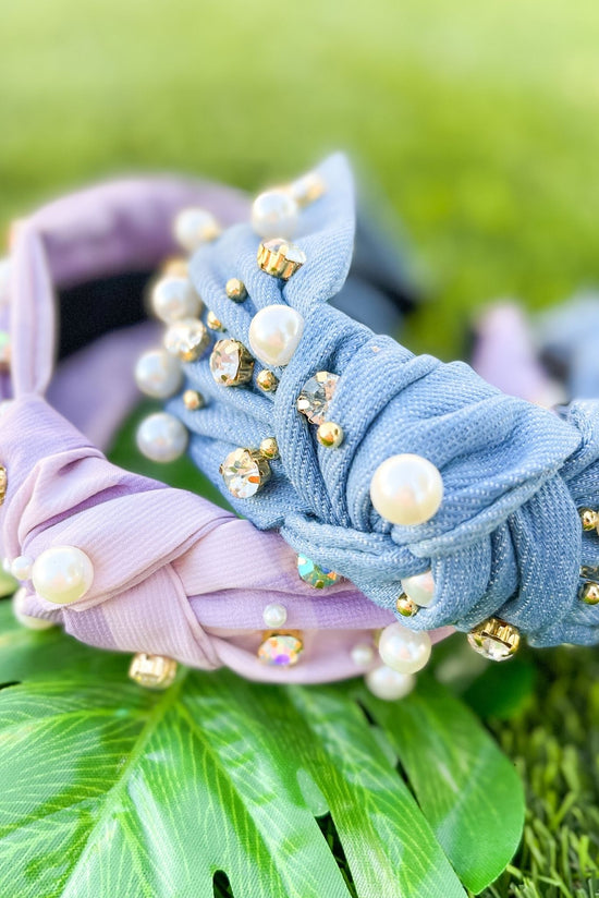 Load image into Gallery viewer, Lavender Plaid Pearls And Jewels Headband

