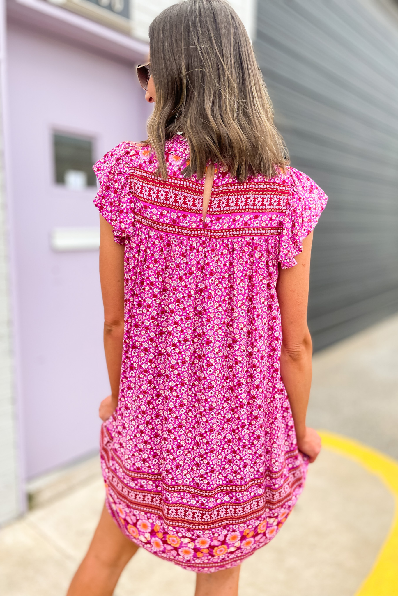 Fuchsia Floral Print Smocked Yoke Dress, smocked dress, floral print, ruffle sleeve, high neck, summer dress, shop style your senses by mallory fitzismmons
