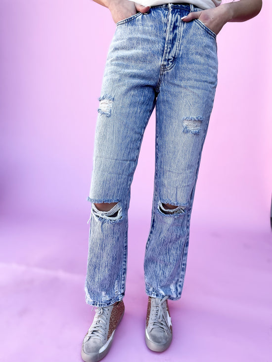 Load image into Gallery viewer, Acid Wash High Rise Distressed Dad Jeans*FINAL SALE*
