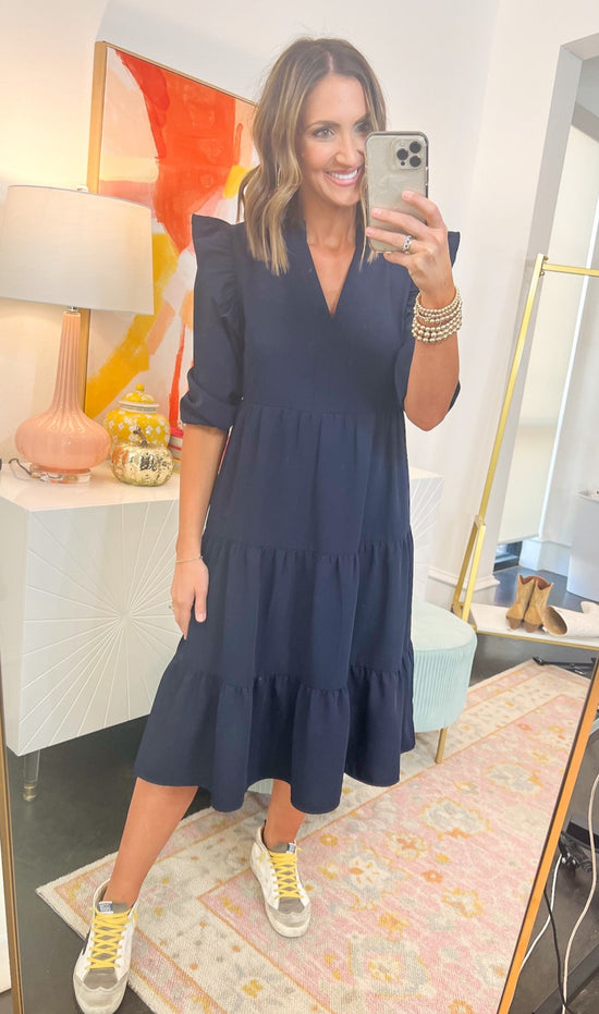 Load image into Gallery viewer, Navy Three Quarter Sleeve Ruffle Shoulder Tiered Midi Dress SSYS The Label
