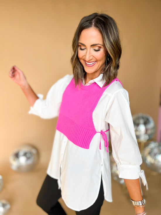 Load image into Gallery viewer, Fuchsia Ribbed Side Tie Sleeveless Sweater Top, fall fashion, layered look, vest, tie detail, must have, mom style, shop style your senses by mallory fitzsimmons
