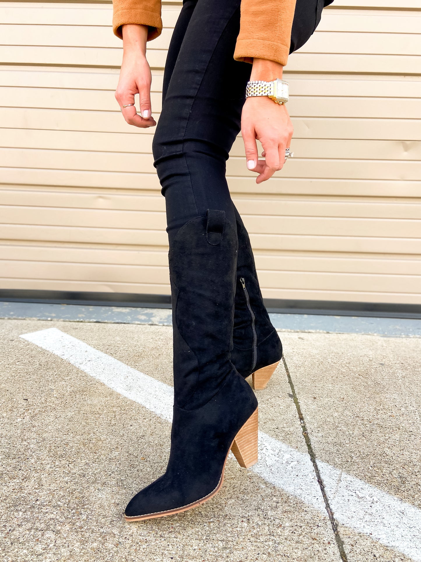 Load image into Gallery viewer, shop-style-your-senses-by-mallory-fitzsimmons-black-mid-calf-western-booties-womens-fall-winter-clothing-mom-fall-fashion
