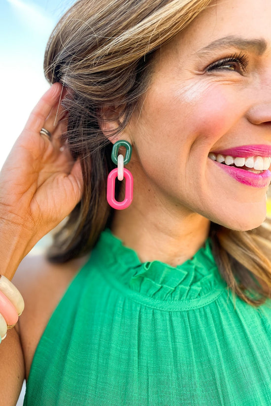 Load image into Gallery viewer, Fuchsia Cream Green Acrylic Link Earrings, shop style your senses by mallory fitzsimmons
