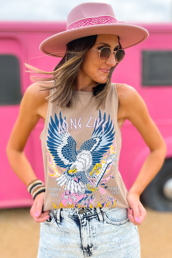 Beige Mineral Wash Long Live Rock And Roll Graphic Tank, graphic tank, tank top, summer top, denim shorts star shorts, acid wash, pink cowgirl hat, western, concert outfit, shop style your senses by mallory fitzsimmons