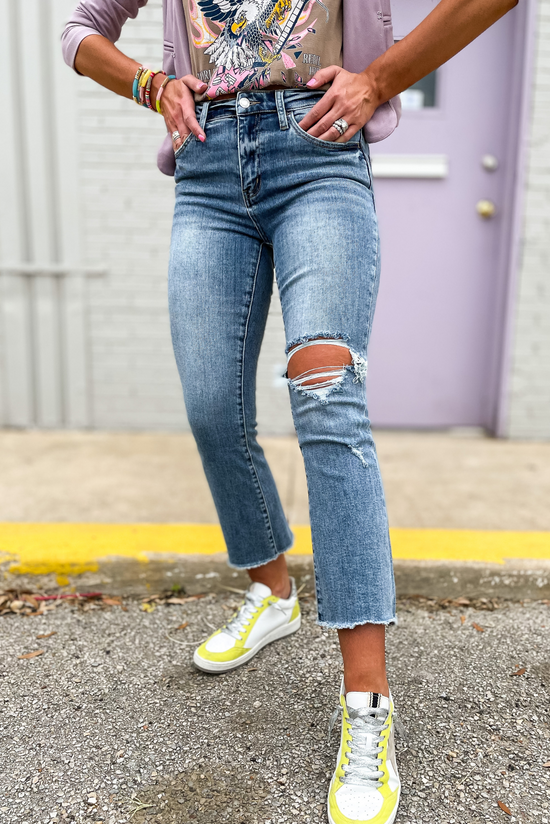 Medium Wash High Rise Distressed Ankle Flare Jeans, shop style your senses by mallory fitzsimmons