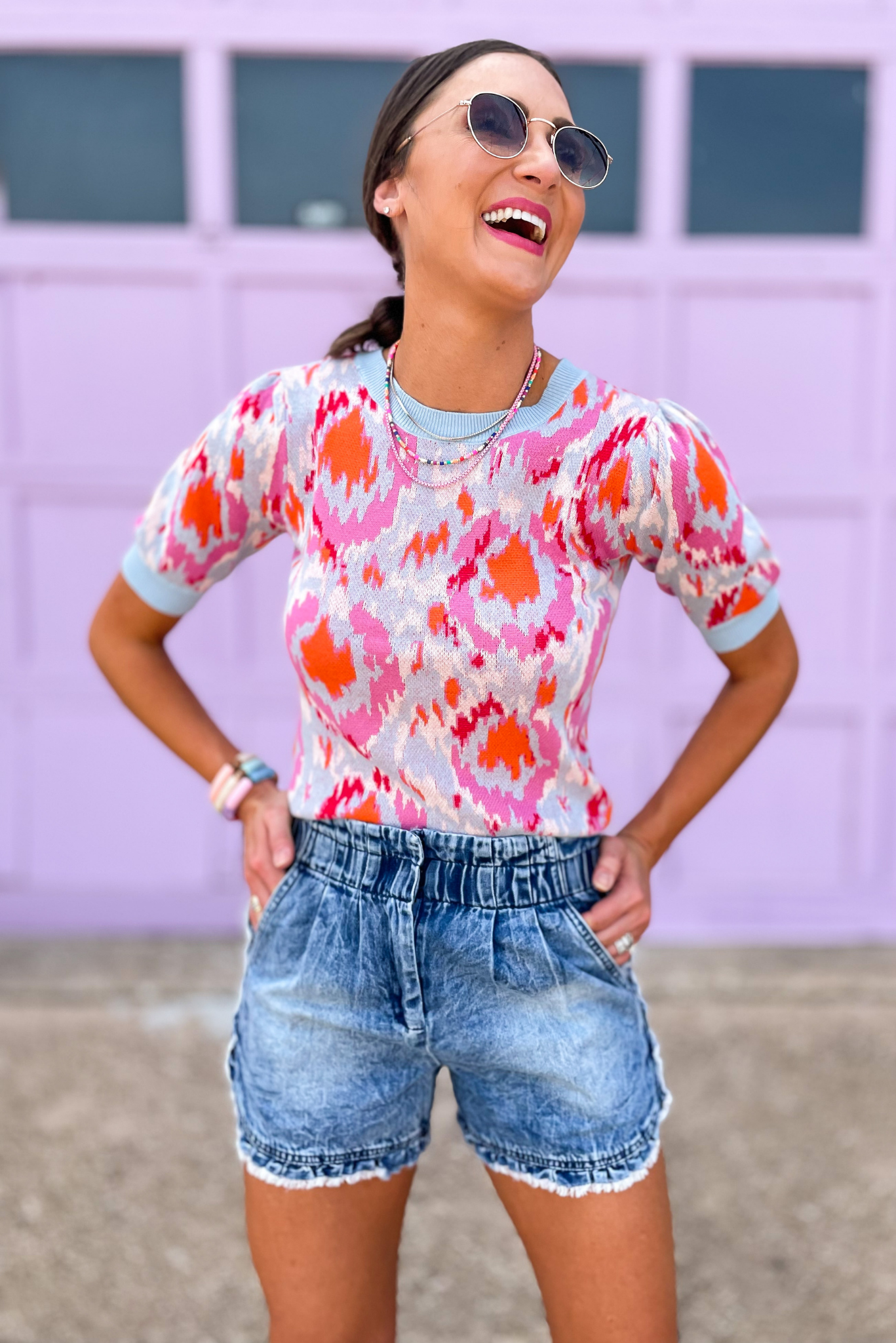Pink Blue Printed Short Puff Sleeve Sweater Top, puff sleeve top, pink printed, knit top, abstract, spring top, shop style your senses by mallory fitzsimmons