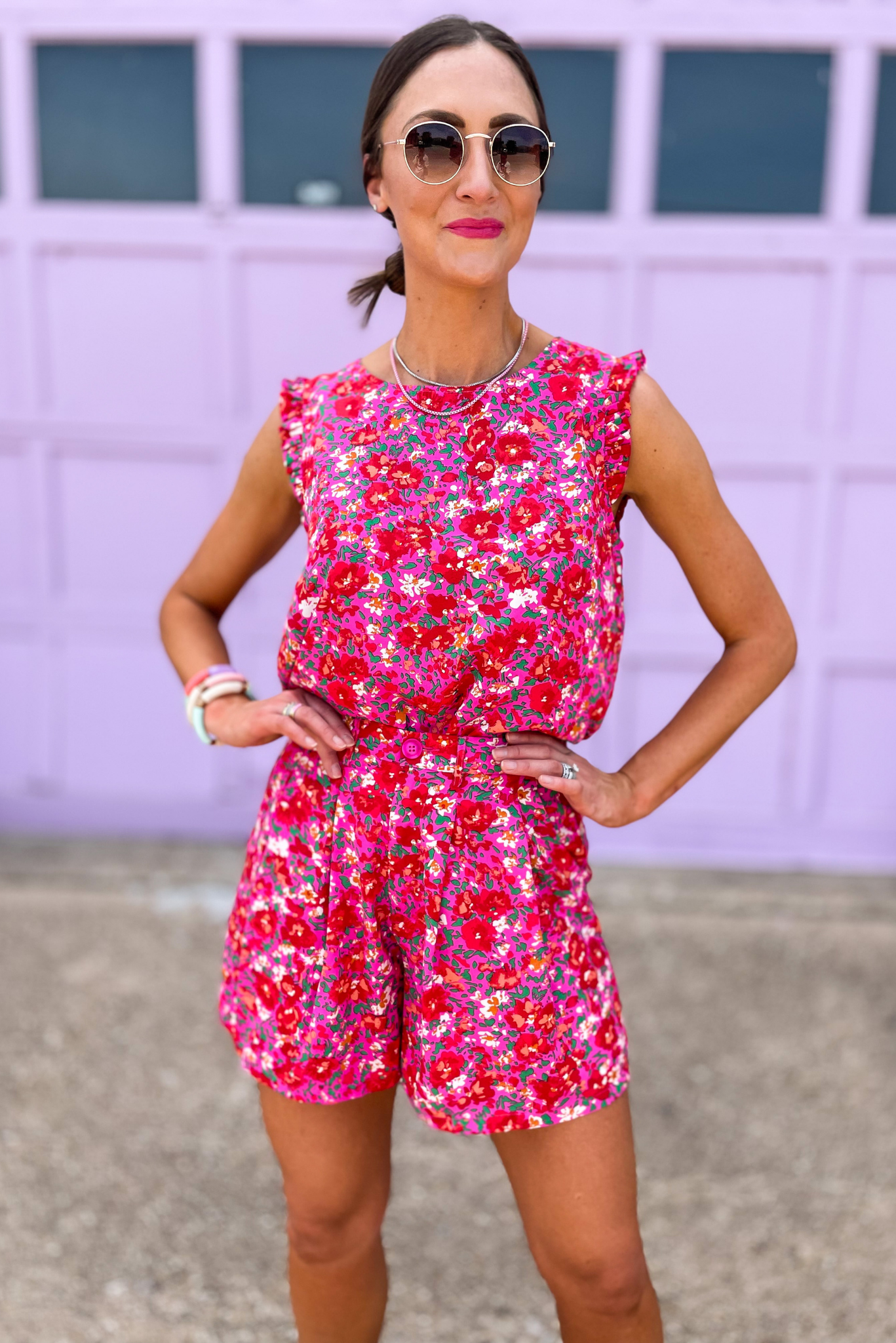 Load image into Gallery viewer, Hot Pink Floral Print Ruffle Shoulder Sleeveless Top, floral shorts, floral top, smocked waist, matching set, set, floral print, spring outfit, shop style your senses by mallory fitzsimmons
